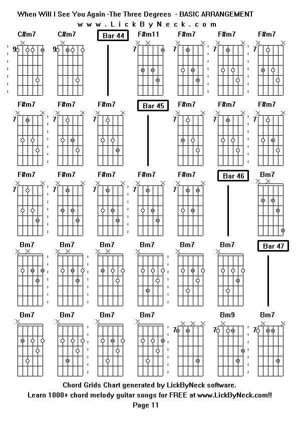 Chord Grids Chart of chord melody fingerstyle guitar song-When Will I See You Again -The Three Degrees  - BASIC ARRANGEMENT,generated by LickByNeck software.